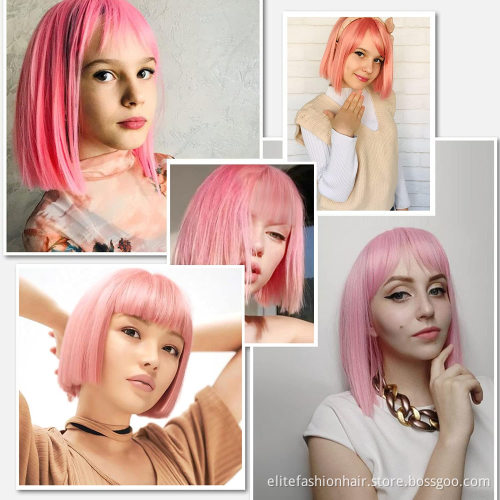 Hot pink Bob Wig with Bangs Straight Human Hair Non Lace Brazilian Virgin Hair Short Wigs For Black Women Full Machine Made Wigs